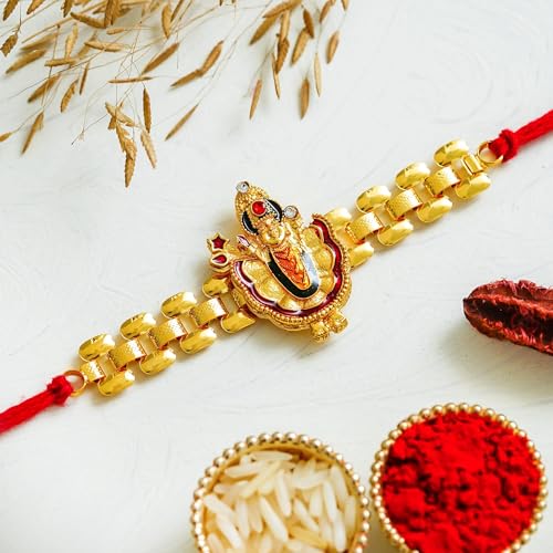 Image of eCraftIndia Golden Red Religious Shrinathji Rakhi for Brother | Raksha Bandhan Rakhi for Bhai Bhaiya