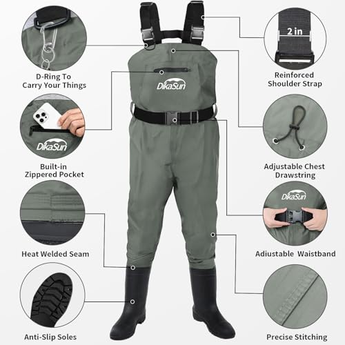 Image of Fishing Waders for Men & Women, Waterproof 2-Ply Nylon /PVC Chest Wader with Boots for Outdoor Sizes 4-13 Bootfoot