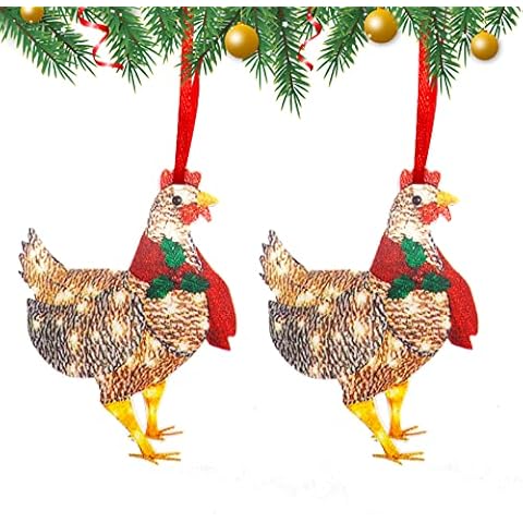 2pcs Christmas Decorations Chicken, Chicken with Scarf ,Rooster Animal Pendant Holiday Decoration,Garden Yard Ornaments Xmas Gifts Meanings Lucky Health Hope (NO LIGHT) Cover