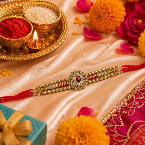 Image of Canton Rakhi Gift for Brother with Chocolate - Designer Rakhi for Brother with Gift Hamper Pack, Roli Kumkum & Greeting Card (Design-2, 1 Rakhi)