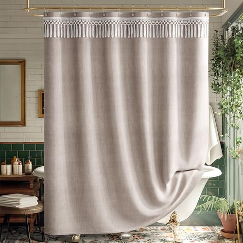 AmazerBath Tan Shower Curtain Boho, Taupe Boho Farmhouse Shower Curtain with Tassels, Faux Linen Fabric, Water-Repellent Neutral Fabric with Hooks, 72x72 Inches