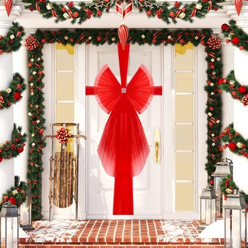 FOGAWA Christmas Door Bow Red Organza Christmas Door Bow Kit Christmas Door Decorations Christmas Bow for Front Door Christmas Decorations DIY Decorative Door Bow with Diamante Decoration