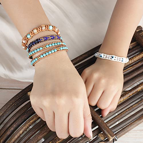 Image of KELITCH Double Wrap Bracelet Women Hand-Braided Turquoise Beads Bracelets Boho Leather Bracelets Bangle
