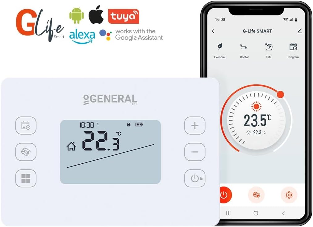 CERES HT340S RF Smart Room Thermostat with its mobile application interface, showing compatibility with G-Life, Android, Apple, Tuya, Alexa, and Google Assistant.