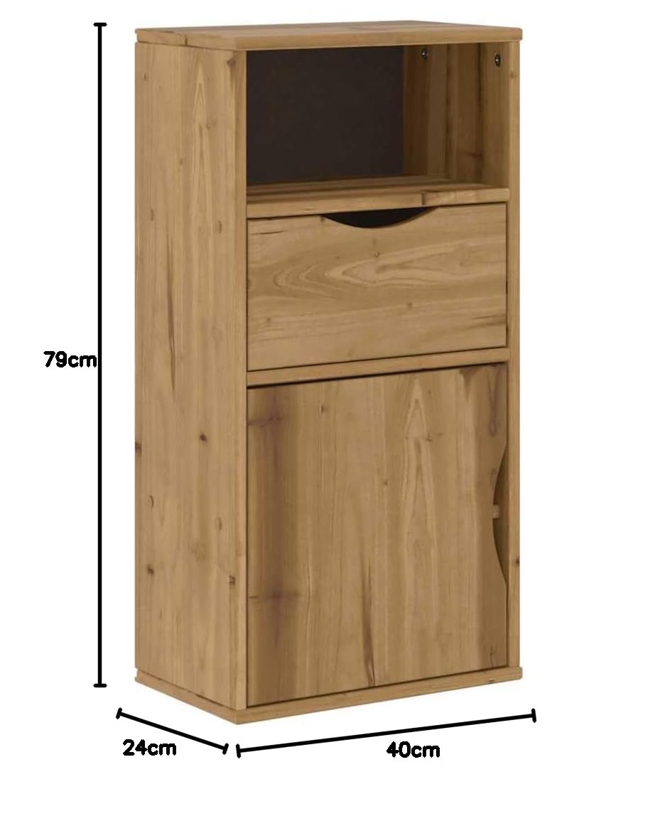 Armadietto Laterale ODDA in Legno di Pino 40x24x79 cm con Cassetto, Ripiano e Scomparto per Organizzazione, Mobile da Soggiorno con Finitura Cerata Ambra e Struttura Robusta