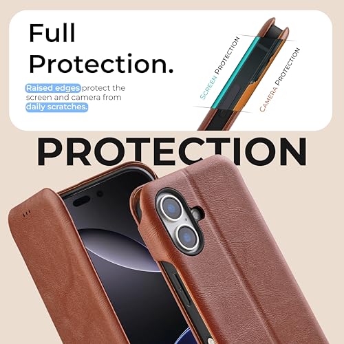 Image of PULOKA - Sleek Flip Case- Compatible for iPhone 16 Plus- Premium Vegan Leather Phone Cover with Card Slot - Slim, Durable, Privacy Protection - Kickstand Function - Elegant Flip Wallet Cases- (Brown)