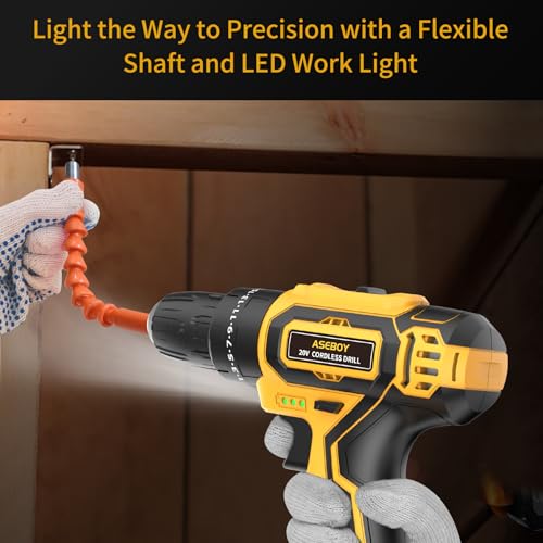 Aseboy Cordless Drill with Battery and Charger, 20V Electric Power Drill with 3/8\" Keyless Chuck, 25+3 Torque Settings & Impact Mode for Drilling, Screwdriving, and Home Improvement(2 Batteries)