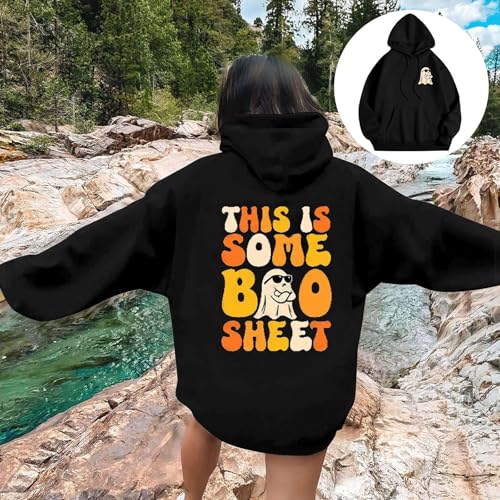 Moletom feminino com capuz de Halloween grande gráfico leve com cordão, pulôveres, roupas, Preto, G