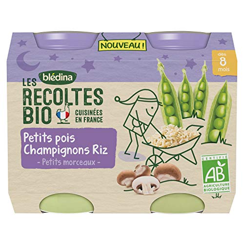Blédina Les Récoltes Bio petit-pot bébé du soir: Petits Pois Champignons Riz dès 8 Mois 2 x 200 g