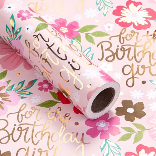RUSPEPA Foil Birthday Wrapping Paper Roll, Mini Roll, Pink Floral & Gold Foil For the Birthday Girl Design Gift Wrap for Girls, Kids, Teens, Baby Shower, Party Favor, 17 Inches x 16.4 Feet
