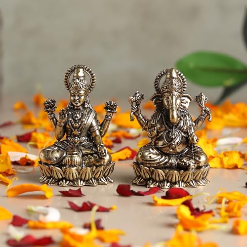 Image of Habere India-All the Cultures Fabricating India Brass Lakshmi Ganesh Idol Set for Pooja Room | Pure Brass Lakshmi Ganesh Murti for Home | Decorative Statue for Mandir (Design01: L3.5 x W2.5 x H5 cm)