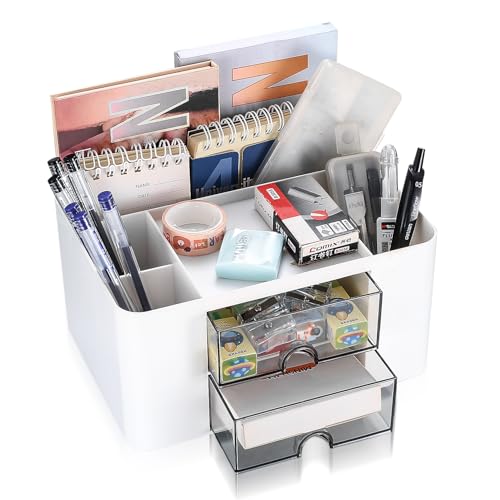 Desk Organiser Drawers, Desk Organiser with Drawer, Office Desk Supplies Organizer, Plastic Table Desktop Stationary Organiser Storage Pen Holder with 5 Compartments for School Office Home, White