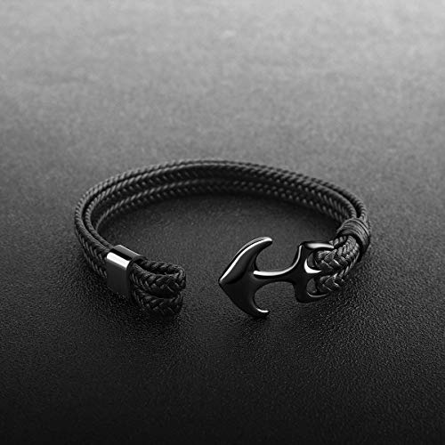 Emibele Bracelet For Men, Sturdy Cowhide Leather Bracelet, Multilayer Vintage Anchor Bracelet Wrap Cuff - Black With Black Anchor #TOP2