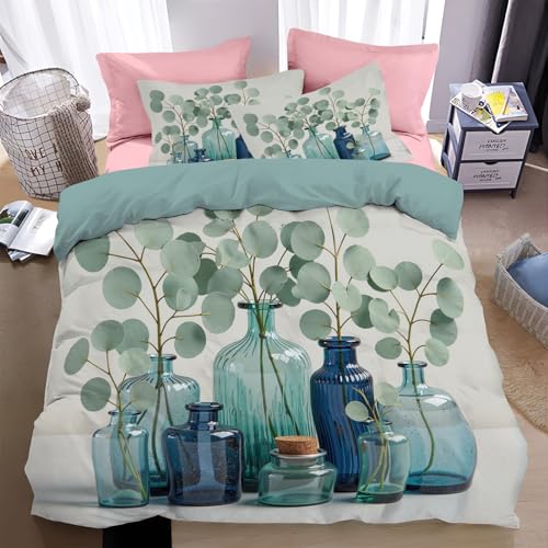 Housse de couette 220x240 cm réversible en microfibre avec branches d'eucalyptus