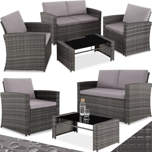 TecTake® Rattan Garden Lounge Set, Chic Design, 2 seater sofa, 2 Armchairs and 1 Table with Removable Glass Top, Comfortable Seat and Back Cushions, for garden, patio, balcony - grey