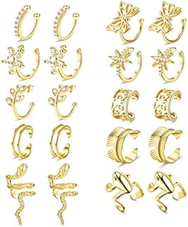 Kakonia 10 Pairs Cuff Earrings for Women Non Piercing Clip on Cartilage Earrings Gold Plated CZ Ear Cuff Earrings Snake Frog Butterfly Fake Earrings Set