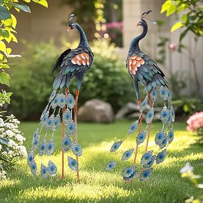 Ultym Extra Large Metal Peacock Garden Decor- Handmade 38" Standing Peacock Statue with Stable Ground Stakes, Backyard Decoration, Metal Garden Art Sculptures