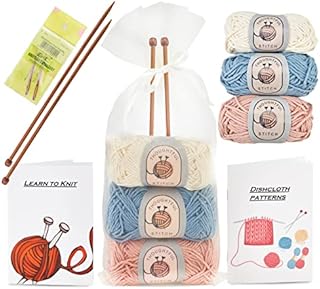 Knitting Kits for Beginners Adults  Knitting Needle Set - Make Your Own Dishcloth  Craft Kits for Adults  Includes Bamboo Knitting Needles and Yarn Needle  Fantastic Gift