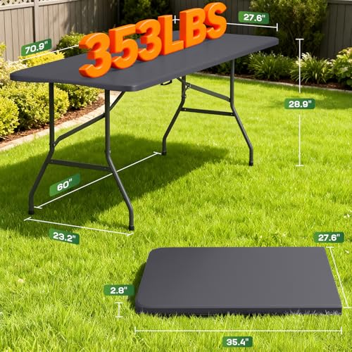 Image of FDW 6 FT Folding Table, Portable Plastic Table with Carrying Handle Perfect for Indoor, Outdoor, Party, Dining, Wedding, Events, Camping, Grey