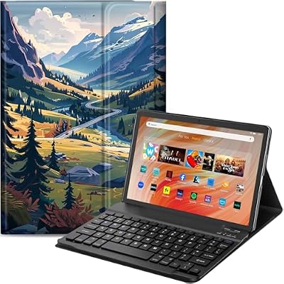 Qindaiwen Keyboard Case for Amazon Fire HD 10 Tablet (13th/11th Generation,2023/2021 Release) 10.1", PU Leather Stand Cover with Detachable Bluetooth Keyboard, Swiss Alps