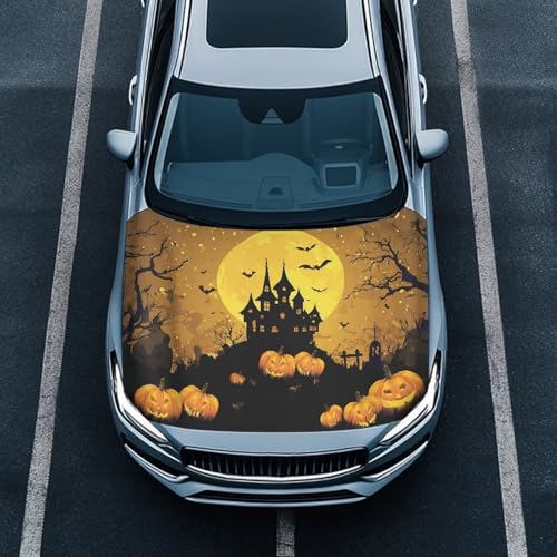 Image of Halloween Bat Castle Print Car Hood Cover Stretchable Auto Hood Wrap Blankets Waterproof Automotive Halloween Outdoor Decorations for Compact Sedans SUV Trucks Van