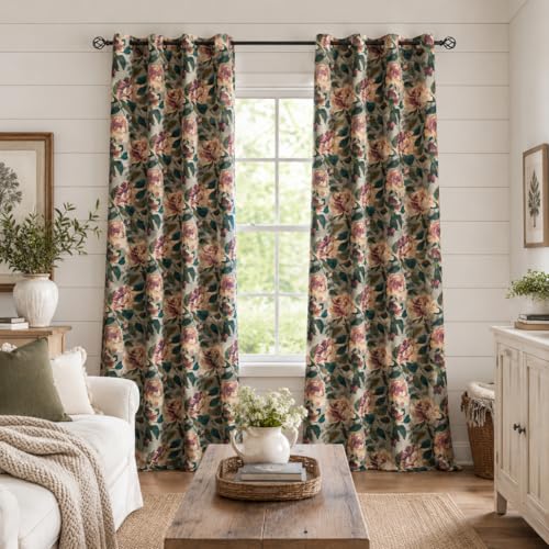 Image of ALIGOGO Printed Botanical Curtains 96 Inches Long - 70s Two Pages Floral Curtains for Dining Room, Retro Spring Peony Leaf Light Filtering Linen Drapes Grommet Top, 50 x 96 Inches, Green & Beige