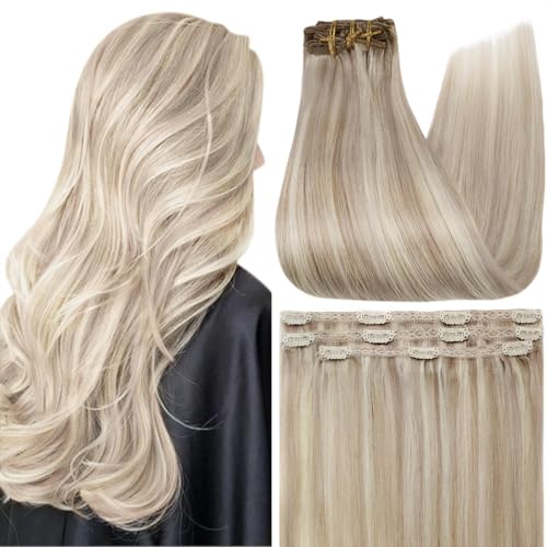 Image of Full Shine Blonde Hair Extensions Clip in Human Hair 60g | Highlights Ash Blonde, Hair Clip in Extensions, Lightweight, Easy to Wear, 3 Pcs 18 Inch