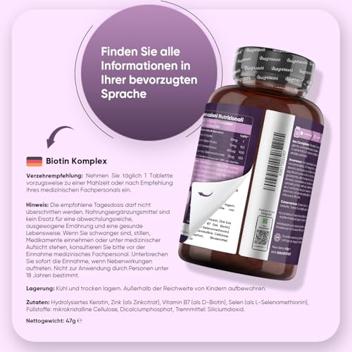 Biotin Komplex mit Keratin 25mg, Selen, Zink - 400 vegane Tabletten - 1+ Jahre Vorrat - Biotin trägt zur Erhaltung normaler Haare bei (EFSA) - Frei von Magnesiumstearat - WeightWorld