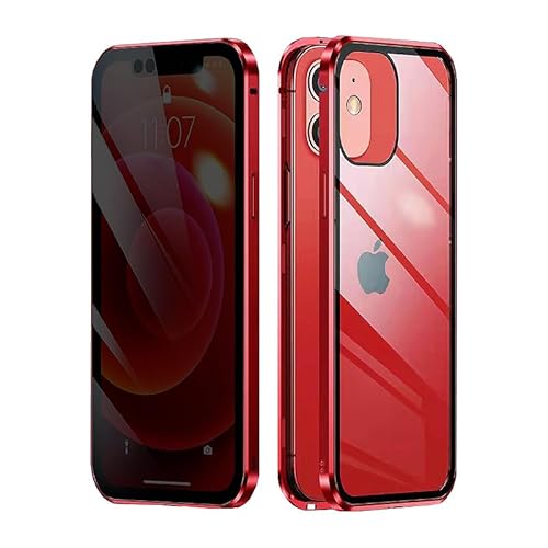 iPhone16e 用ケース アルミバンパー 両面強化ガラス 360°全面保護 スマホケース バンパーケース 透明 覗き見防止 cs101b (iPhone16e, 覗き見防止タイプ/レッド)"