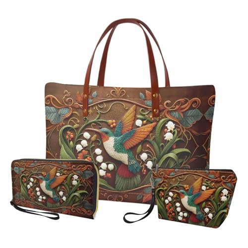 Sannovo Hummingbird Flower Print Top Handle Handbag with Wallet Cosmetic Bag Lightweight Purse and Wallet Set Lightweight Hobo Bags Zipper Tote Purse with Make Up Bag, Brown by Sannovo - Used condition - US$30.23