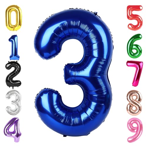 Image of 40 Inch Night Blue Number 3 Balloon, 3rd Blue Birthday Party Decorations | 40 Inch Night Blue inflatable foil number balloons, large birthday decorations for 3rd birthday