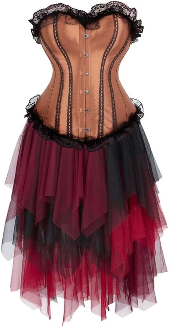 Jutrisujo Corset Dress with Multi Layer Skirt Tulle 2 PCS Women Plus Size Vintage Costume Renissance Halloween