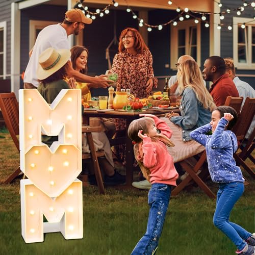 Image of Mother's Day Decorations LED Letter Lights, 4 Feet Tall 'MOM' Marquee Letters Lights Large Heart Sign for Mother's Day Wall Deor Birthday Party Decorations Supplies, White