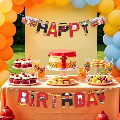 Image of Hooqict Happy Birthday Banner Firetruck Birthday Decorations Firefighter Party Banner Garland Sign for Firefighter Fireman Fire Station Rescue Birthday Party Decorations Supplies