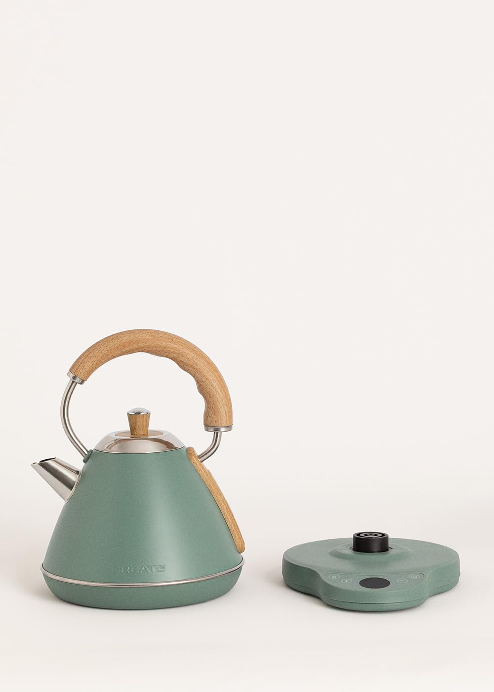 CREATE/KETTLE RETRO PRO/Bollitore elettrico da 1 L con controllo della temperatura verde salvia/Sistema di autospegnimento, ebollizione rapida, base antiscivolo, pannello trasparente, 1200W