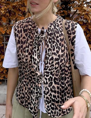 Yimoon Women's Floral Puffer Vest Leopard Print Tie Front Sleeveless Quilted Jacket Open Front Padded Gilet Outwear2