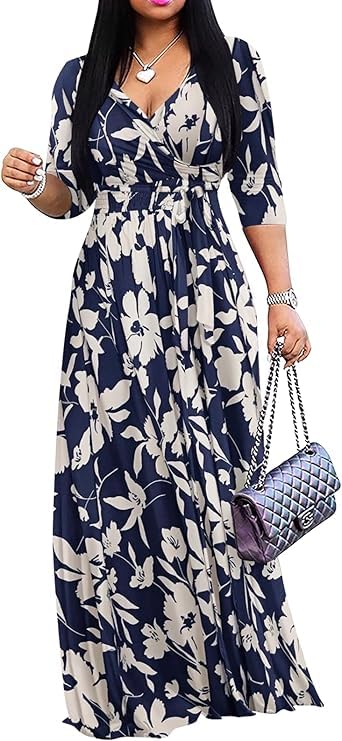 Image of Women's Floral Maxi Dress Summer Casual V-Neck 3 /4 Sleeve Long Bohemian Print Evening Party Dress