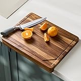 TIDITA Teak Wood Cutting Board with Lip - 16” x 12” Wooden Chopping Boards for Kitchen - Serving Platter, Pastry Board, Wooden Cutting Board with Counter Lip, Handles - Teak, Juice Groove, Removable