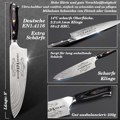 Küchenmesser Scharf Vatertagsgeschenke für Papa - 34cm Kochmesser Profi Messer für Geburtstag, Geschenk Vatertag für Papa Männer Vater Opa, Fleischmesser Extrem Scharf, Deutschem Edelstahl Chefmesser 5