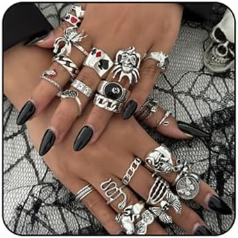 24Pcs Gothic Knuckle Rings Set for Women Vintage Silver Stackable Finger Statement Rings Carved Skeleton Spider Wing Skull Snake Heart Chunky Stacking Rings Halloween Costume Fashion Jewelry Accessories