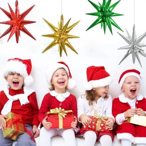 Image of TONIFUL 4 Pcs Star Balloons Red Green Gold Silver Explosion Foil Balloon | 22 Inch Large Mylar Star Balloon for Christmas Party Decorations New Year Birthday Wedding Baby Shower Photo Booth Supplies