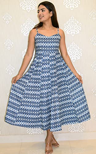 Image of JAIPUR HAND BLOCK Cotton Sleeveless Long Flared A Line Dress|Gown (S00063)