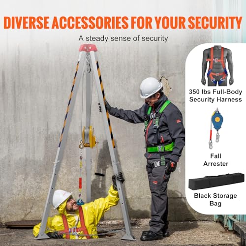 Image of VEVOR Confined Space Tripod Kit, 1800 lbs Winch, Confined Space Tripod 7' Legs and 98' Cable, Confined Space Rescue Tripod 32.8' Fall Protection, Harness, Storage Bag for Traditional Confined Spaces