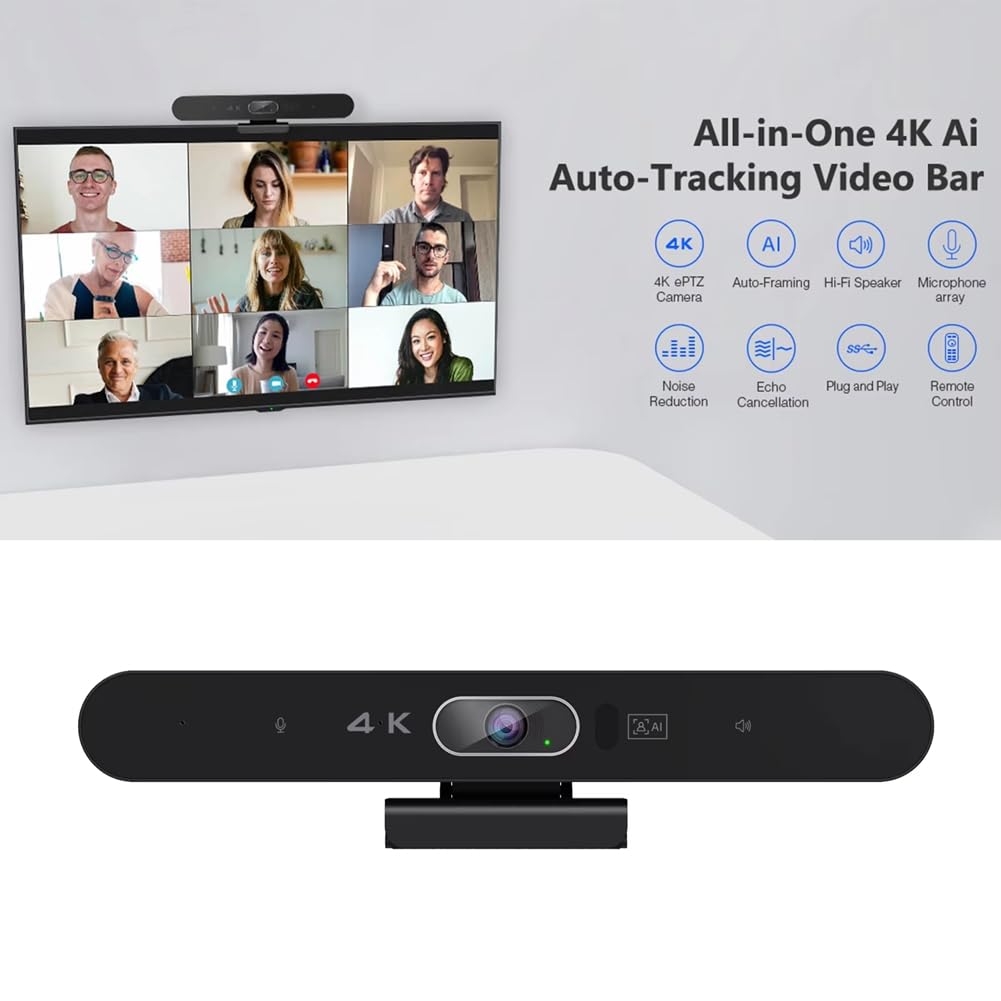 Cámara USB 4K Cámara Web Cámara de Videoconferencia con Micrófono y Altavoz Seguimiento con IA Enfoque Automático Captación de Voz de 360°