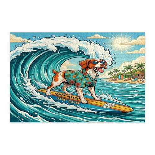 Rompecabezas de madera de 1000 piezas con diseño impreso de olas y cachorros Beach Brittanys