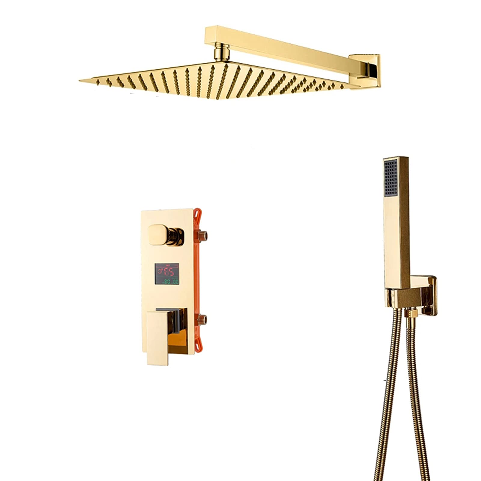 SWENEEN Handheld Showergold Shower Rain System,Bathroom Rain Shower Head With Handheld Shower,Wall Mounted Concealed Shower Faucet With Temperature Display,10 Inch,One Color-10 Inch