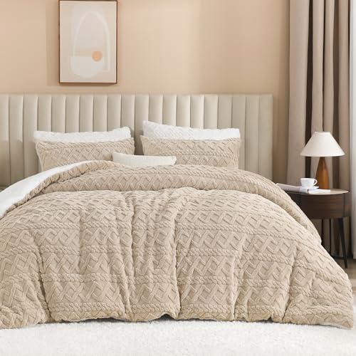 Image of Andency Fluffy Sherpa Queen Comforter Set, Super Soft Beige Fleece Warm Bedding for Winter, Luxury Jacquard Boho Thick Fuzzy Plush Bed Set 3 Pieces(1 Shaggy Comforter, 2 Pillowcases)