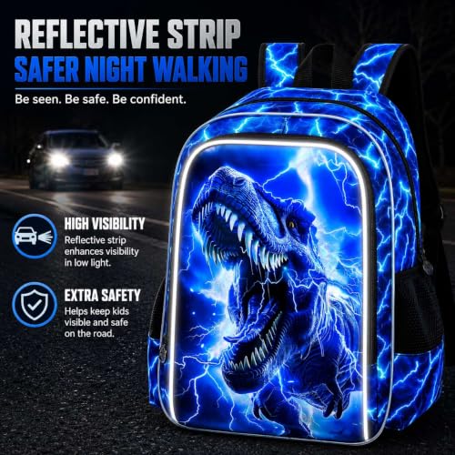 Image of 17 inch Dinosaur Backpack for Boy, 3Pcs Lightning Bookbag for Elementary Preschool Kindergarten, Kids School Backpacks with Lunch Box (Blue)