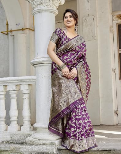 Image of Yashika Women's Trendy Pure Banarasi Kanjivaram Saree with Blouse Material