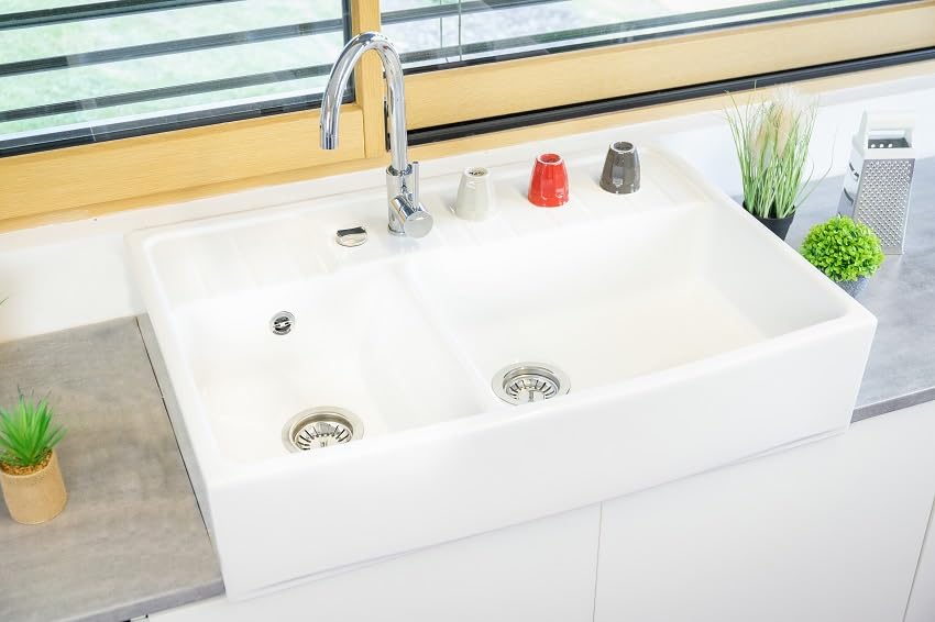 Évier Céramique Timbre d'Office 2 Bacs Country Blanc 90cm en Grès Fin Émaillé